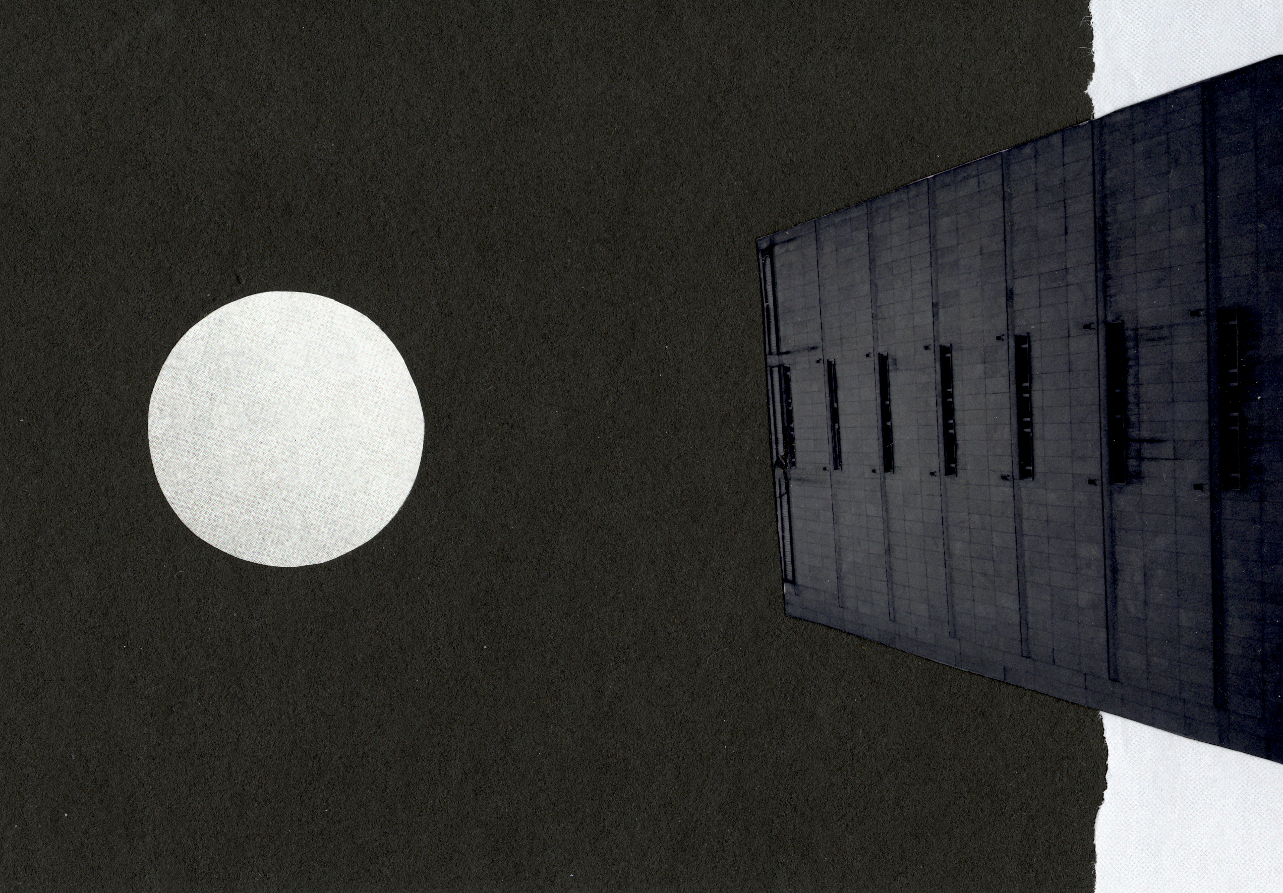 collage artwork with a concrete building under a full moon