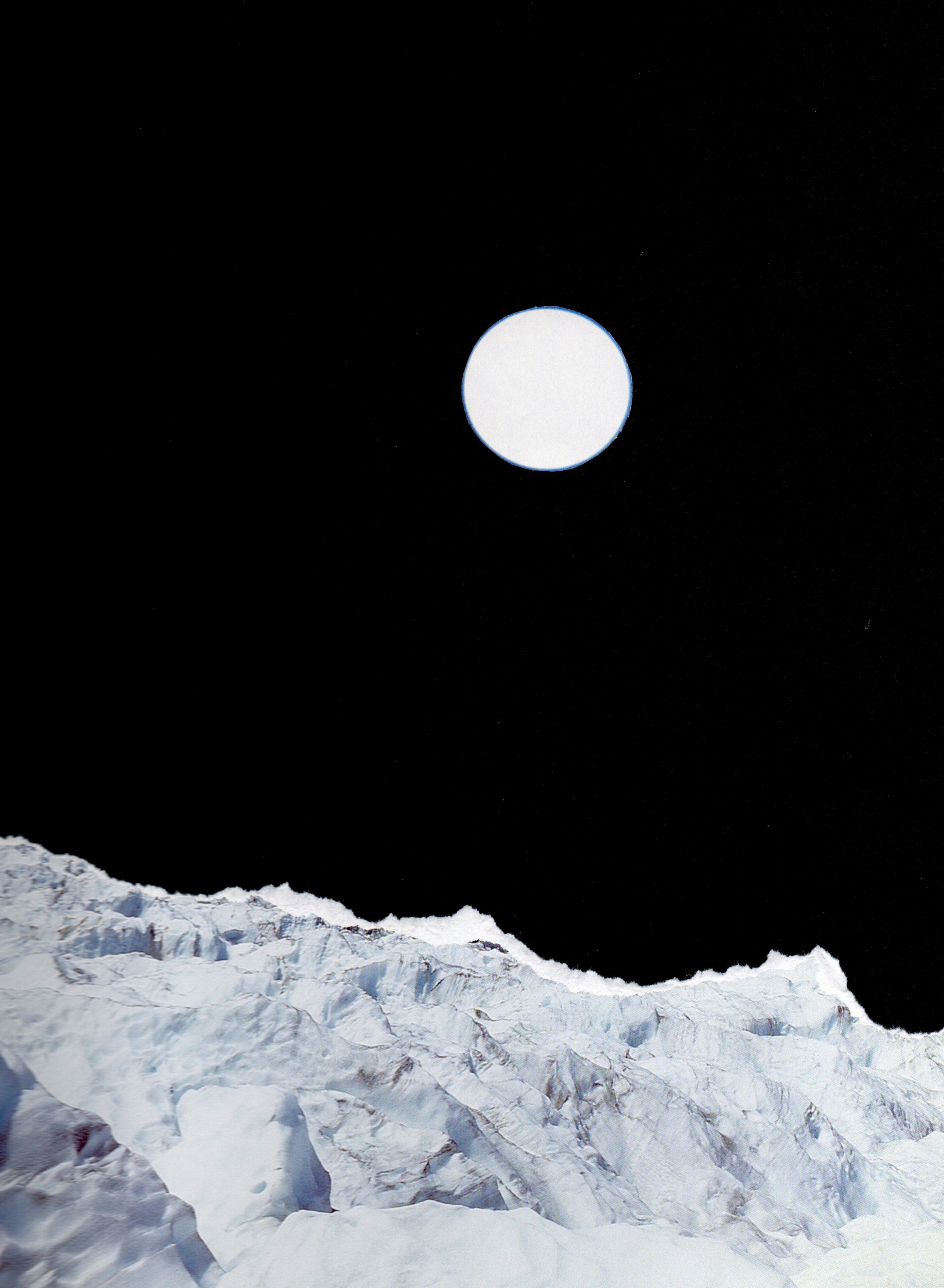 collage artwork with an icy landscape under a white full moon