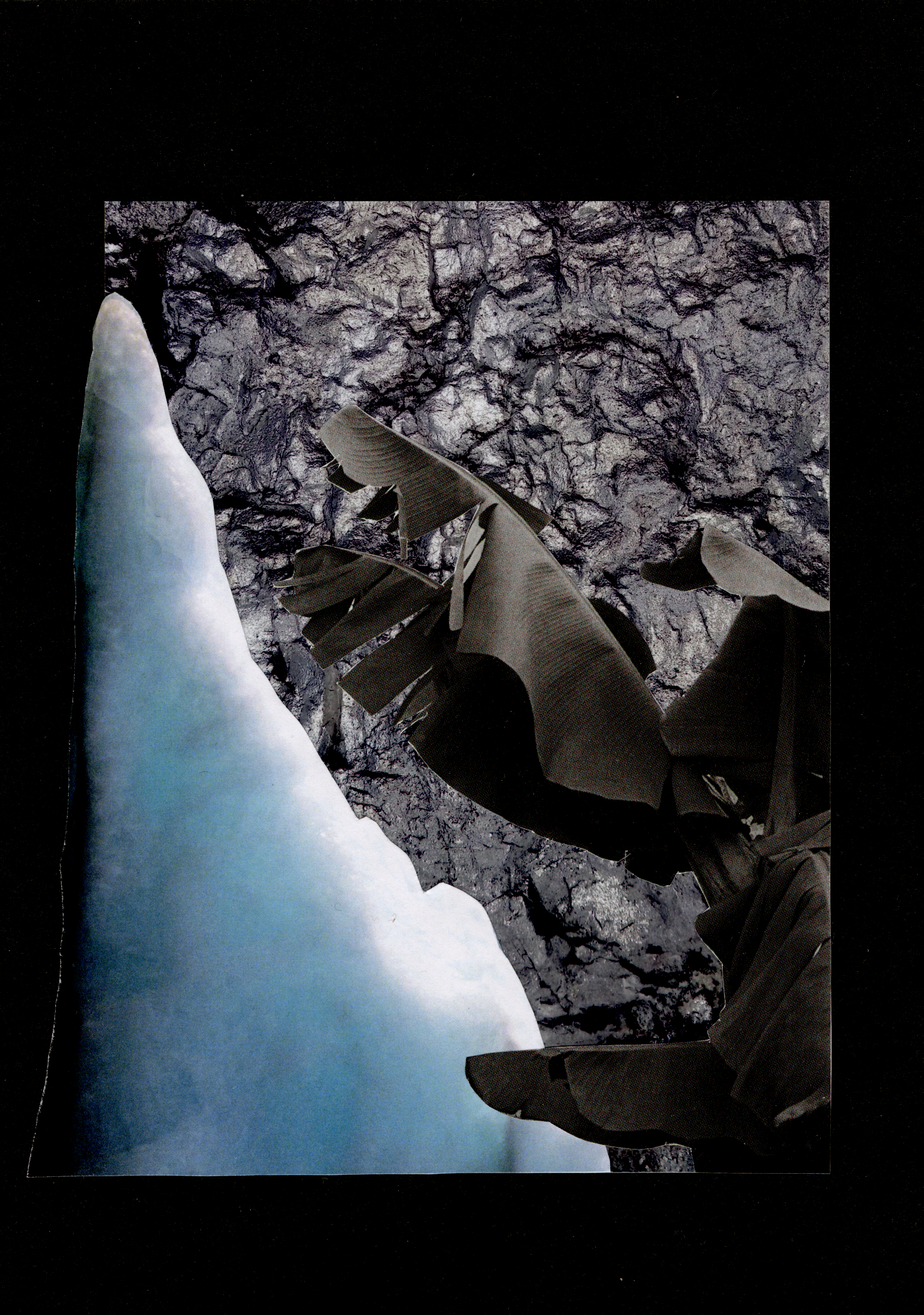 collage artwork with a melting iceberg in front of a wall of silver rocks